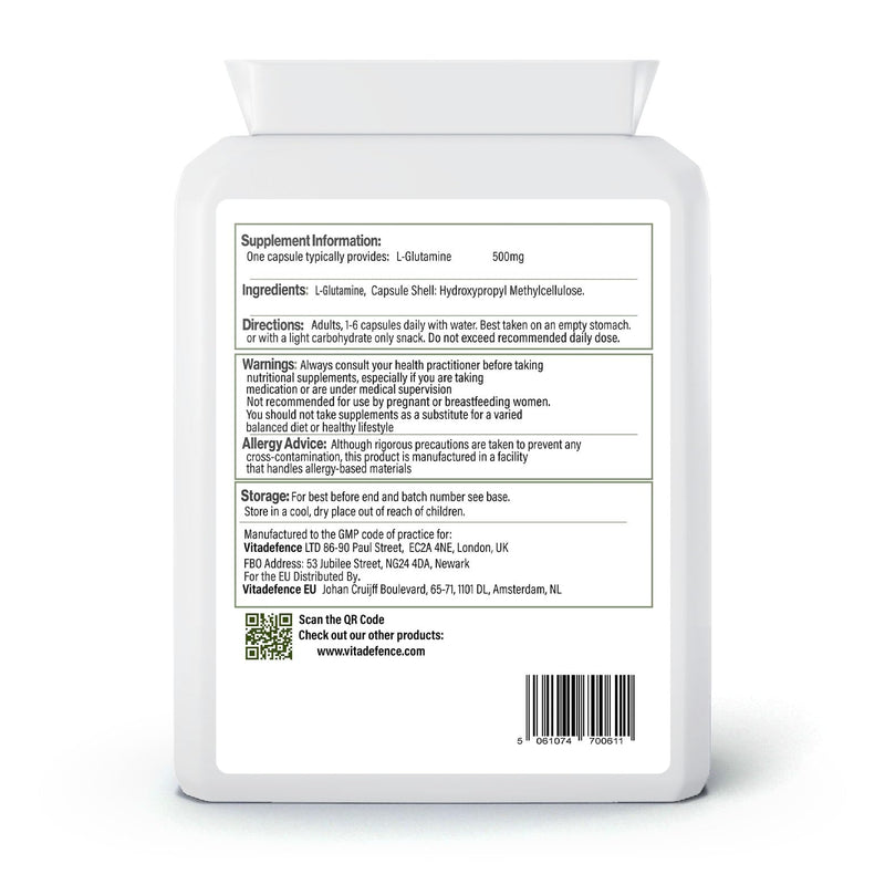 L-Glutamine 500mg Food Supplement, 90 Capsules, Vegetarian and Vegan Friendly