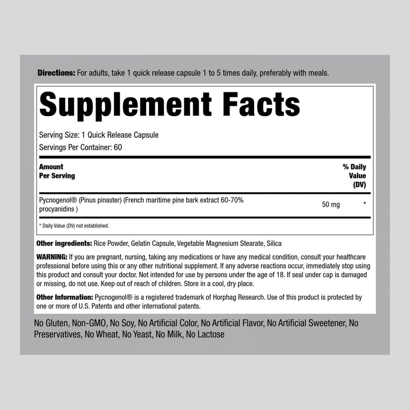 [Australia] - Piping Rock Pycnogenol 50 mg | 60 Capsules | French Maritime Pine Bark Extract | Non-GMO, Gluten Free Supplement 