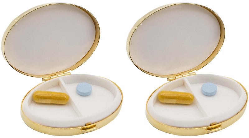 Set of 2 Oval-Shaped Pocket Purse Pill Box & Organizer with Dual Compartments (Gold Arrows) Gold Arrows