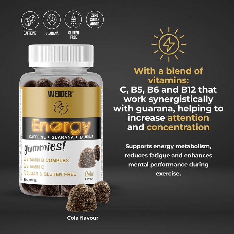 Weider Energy Caffeine Gummies (80 Gums) Cola Flavour. Caffeine Gummies with Guarana, Taurine, Vitamin B and C. Sugar Free. Allergen Free. (10 Servings) ENERGY CAFFEINE 80 GUMS