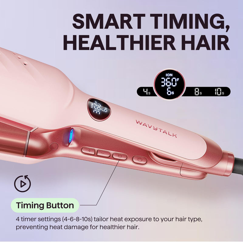 Wavytalk Power Wave Hair Crimper, Ionic Hair Waver for Less Heat Damage | Beach Waves Curling Wand, Crimping Iron, Ventilation Design for Less Damage, Ionic Reduces Frizz, Dual Voltage Curling Iron Pink