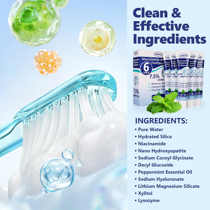 [Australia] - 7.5% Nano Hydroxyapatite Toothpaste,6 Pack Fresh Breath Whitening Toothpaste for Remineralizing Enamel & Sensitive Relief,Antiplaque,Natural Peppermint,Fluoride-Free 3 Ounce (Pack of 6) 