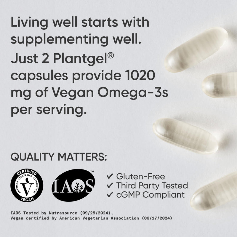 Sports Research® Vegan Omega-3 Algae Oil 1040mg, 60 Count Plantgels™ | Triglyceride Form EPA & DHA - Vegan, Non-GMO, Carrageenan-Free Softgel