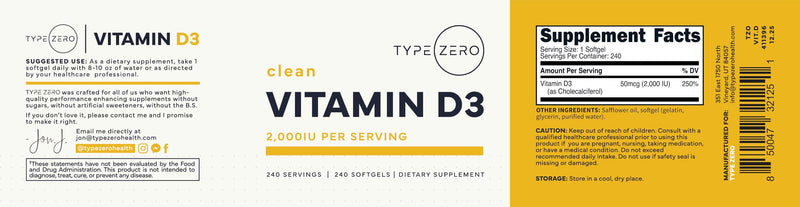 Type Zero Vitamin D3 2000 iu, 240 Softgels - Non-GMO & Gluten Free