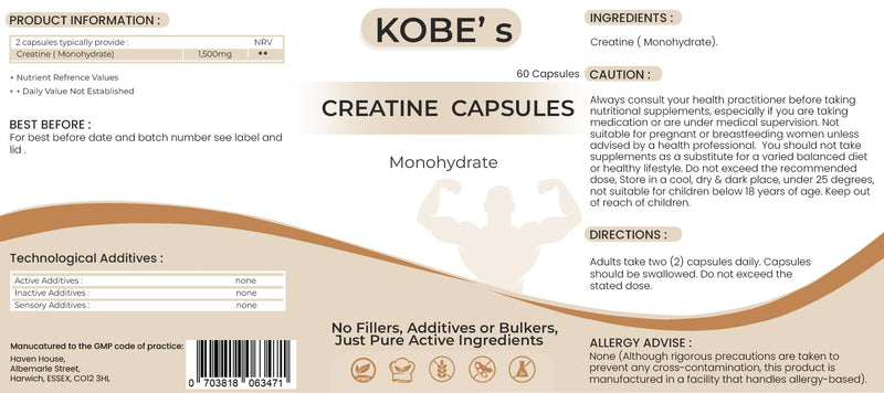 Creatine Monohydrate Capsules | No fillers, Additives or Bulkers, Pure Active Ingredients | 60 Creatine Capsules for Lean Muscle Mass and Strength | Made in UK (Pack of 2) 60 count (Pack of 2)