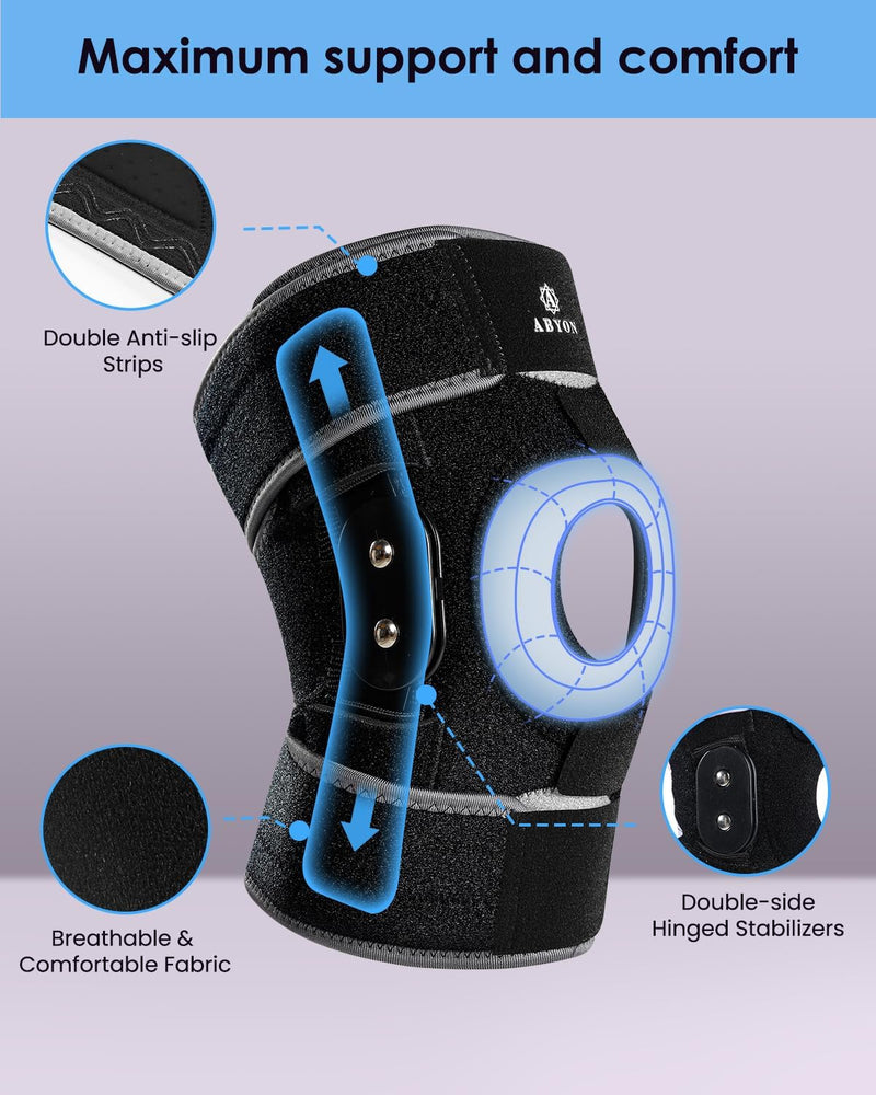 ABYON Hinged Knee Brace for Men & Women Meniscus Tear, ACL/MCL Pain, Arthritis - Maximum Knee Support with Metal Side Stabilizers, Adjustable 360° Wraparound Strap for Knee Pain and Post-Surgery Recovery - Please Check How To Size Video X-Large