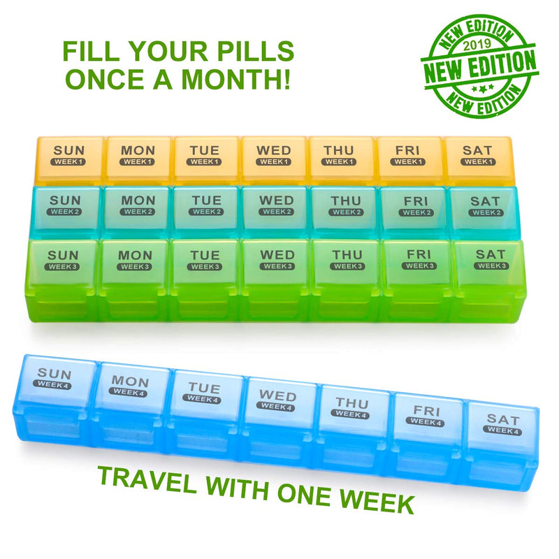 Sukuos Monthly Pill Organizer 28 Day Easy to Open, Large Moisture-Resistant Pill Box Cases with Dust-Proof Box and Clear Lid for Vitamin/Fish Oil/Supplements Green & Yellow