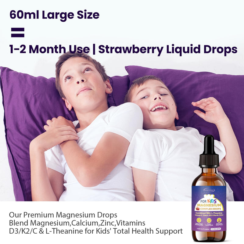 Kids Magnesium Glycinate Liquid Drops - Strawberry 2 Fl Oz | W/L-Theanine, Omega-3, B6, D3 | Calm Sleep Relaxation Brain Bone Support