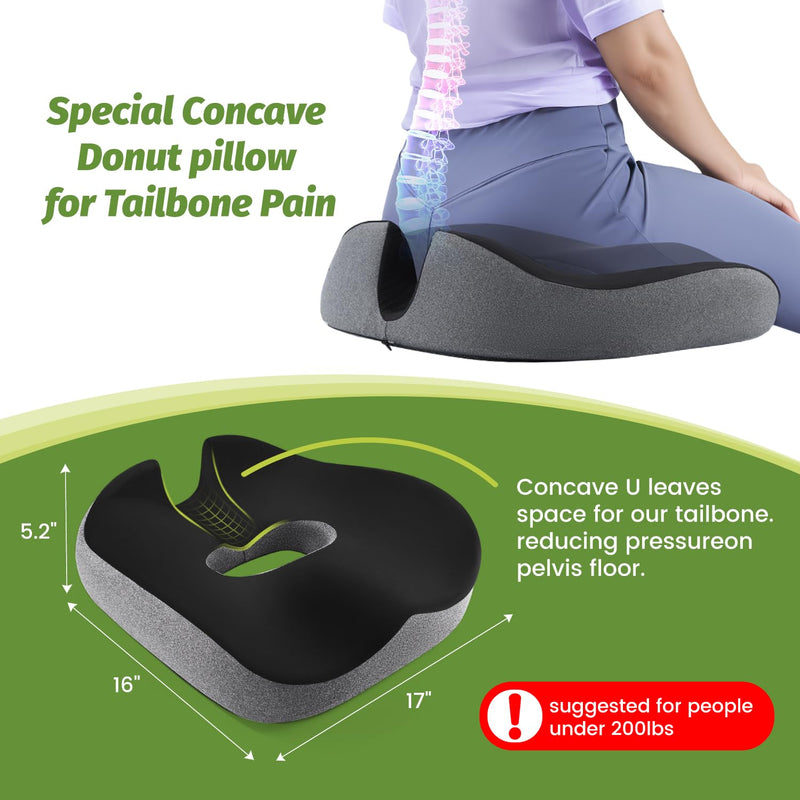 [Australia] - Concave U Surface Donut Pillow for Tailbone Pain Cradle Tailbone Reducing Pressure on Pelvis- Hemorrhoid Pillow for Office, Car, Home Seat- Black/Gray 