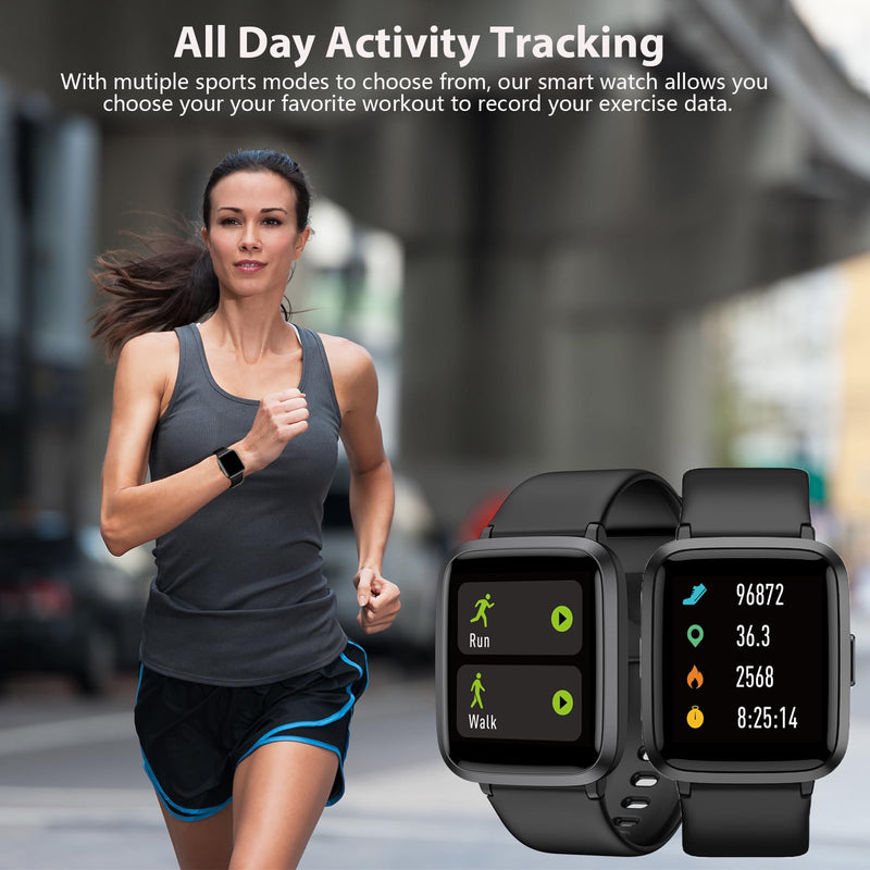 [Australia] - Fitness Tracker, Fitness Watch with Blood Oxygen, Blood Pressure & Heart Rate Monitor, Steps Calories Counter, Sleep Monitor, Pedometer 50 Meters Waterproof, Smart Watch for Android iPhones Black 