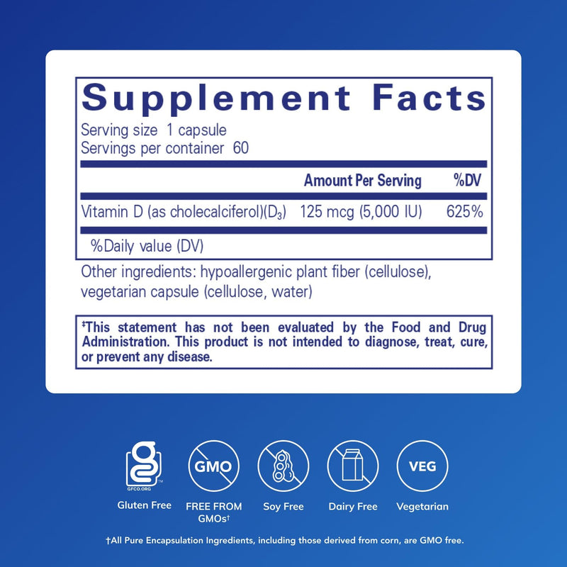 Pure Encapsulations Vitamin D3 125 mcg (5,000 IU) - Supplement to Support Bone, Joint, Breast, Heart, Colon, and Immune Health* - with Vitamin D - 60 Capsules | Supplement to Support Bone, Joint, Breast, Heart, Colon, and Immune Health*, with Vitamin D