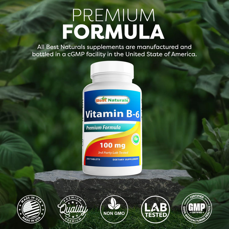 Vitamin B-6 100 mg 250 Tablets by Best Naturals -- Supports Casrdiovascular Health -- Manufactured in a USA Based GMP Certified Facility and Third Party Tested for Purity. Guaranteed!! (250 Tablets, 100 mg) (250 Count (Pack of 1)) 250 count (Pack of 1)