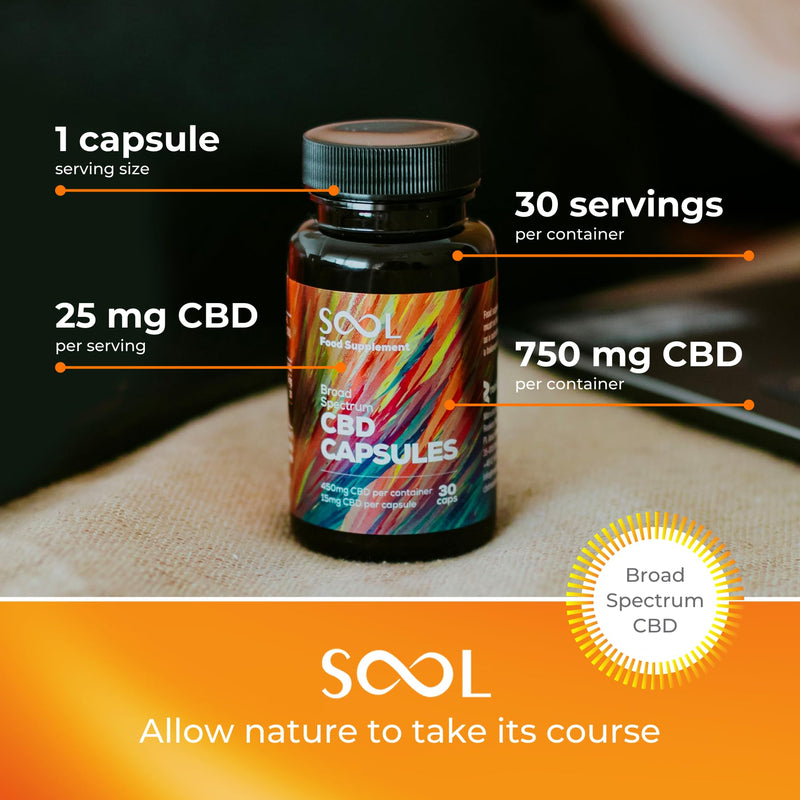 SOOL CBD Capsules 750mg 30pcs | 25mg CBD Per Gel Soft Capsule | Broad Spectrum CBD Oil Capsules | Blended with Hemp Oil | Relax - Recover - Revive 30 count (Pack of 1)