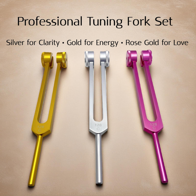 [Australia] - Tuning Forks for Healing Set with Crystals - 128Hz, 256Hz, 512Hz for Sound Healing, Meditation Accessories & Yoga, Include Obsidian, Amethyst, Clear Quartz, Gift Box Silvery 