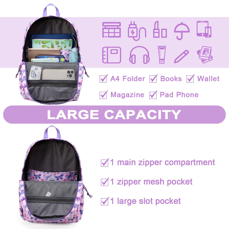 RAVUO Lightweight Butterfly School Backpack Bookbag and Kids Duffle Dance Weekender Travel Bag Set for Girls