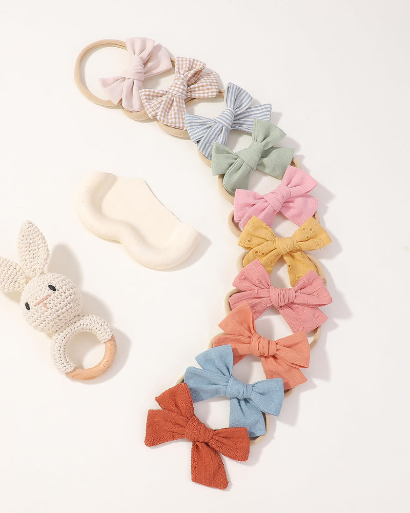 doboi 10PCS Baby Girls Headbands Hair Bows Nylon Cotton Linen Hairbands Handmade Hair Accessories for Newborn Infant Toddlers Little Girl and Kids 3.5Inches Spring Color