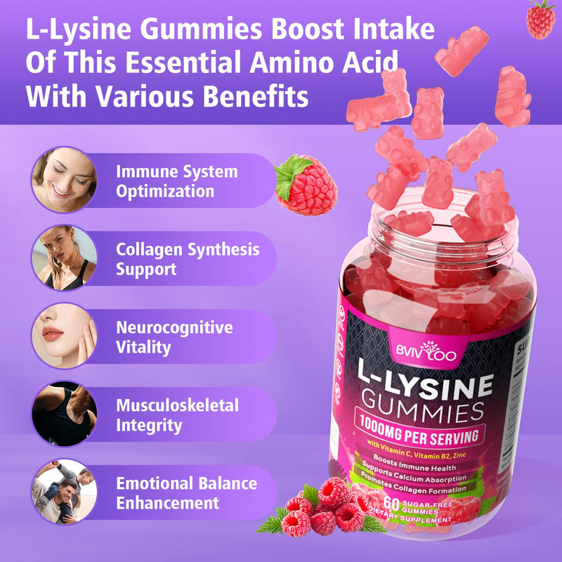 L-Lysine 1000mg Gummies for Immune Support & Skin Health - High Potency Vegan, Sugar-Free, Gluten-Free Supplement with Natural Raspberry Flavor for Adults & Kids - 60 Gummies 1pack