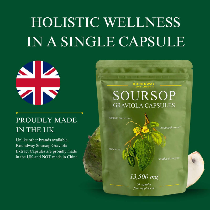 Soursop Graviola Capsules | Extra High Strength 13500mg 30:1 Extract Per Serving by Roundway Supplements | Potent Antioxidant, 2 Month Supply. Made in the UK - 60 Vegan Capsules 60 count (Pack of 1)