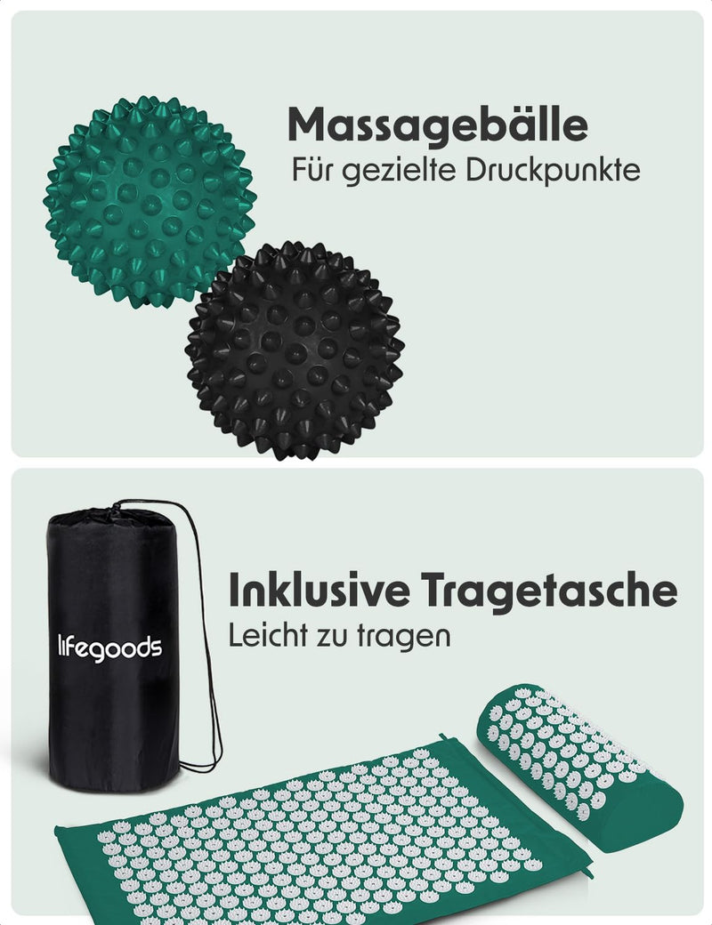 [Australia] - LifeGoods Acupressure Mat with Pillow - Accupressure Mat - Accupressure Mat+ - Acupressure Mat - Acupuncture Mat - Massage Mat - Back - Spiked Mat - Fakir Mat - Nail Mat - Acupressure Mat Green & White 