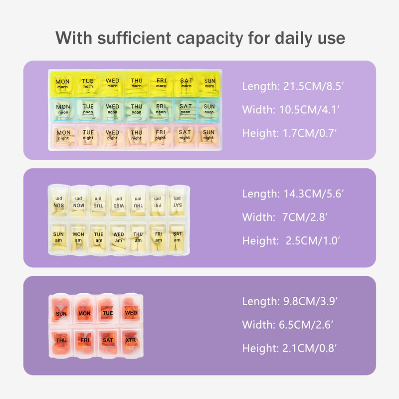 Weekly Travel Pill Organizer 3 Times A Day Pill Case for Purse with Removable 7 Day Pill Box Holder,Cute Medication Organizer Pill Container for Medicine, Vitamin, Fish Oils,Supplement(Purple, Large) Purple 03