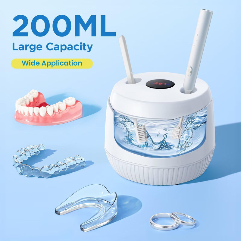 [Australia] - Dental Ultrasonic Retainer Cleaner Machine - Dental Cleaning Pod for Denture, Mouth Guard, Aligner, Night Guard, Braces, Toothbrush Heads, Jewelry, 45kHz Retainer Cleaner with Digital Timer & 200ML White 