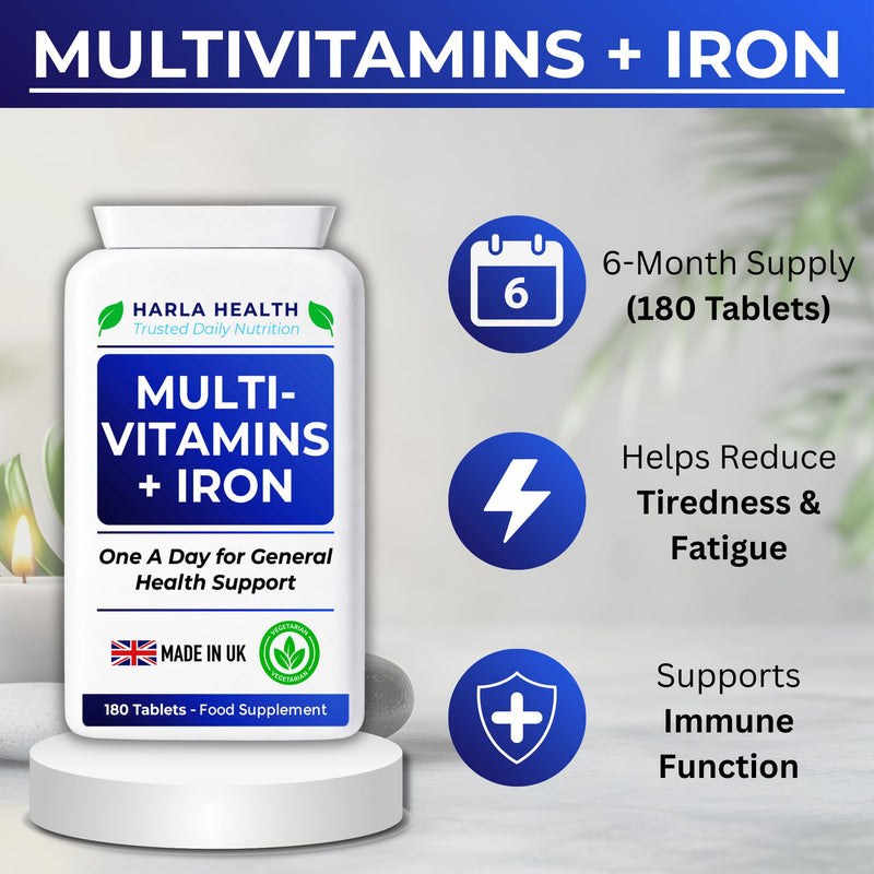 Multivitamins with Iron – 180 Vegetarian Tablets (6-Month Supply) | Daily Energy, Immune Support & Overall Wellbeing for Men & Women | UK Made, GMP Certified