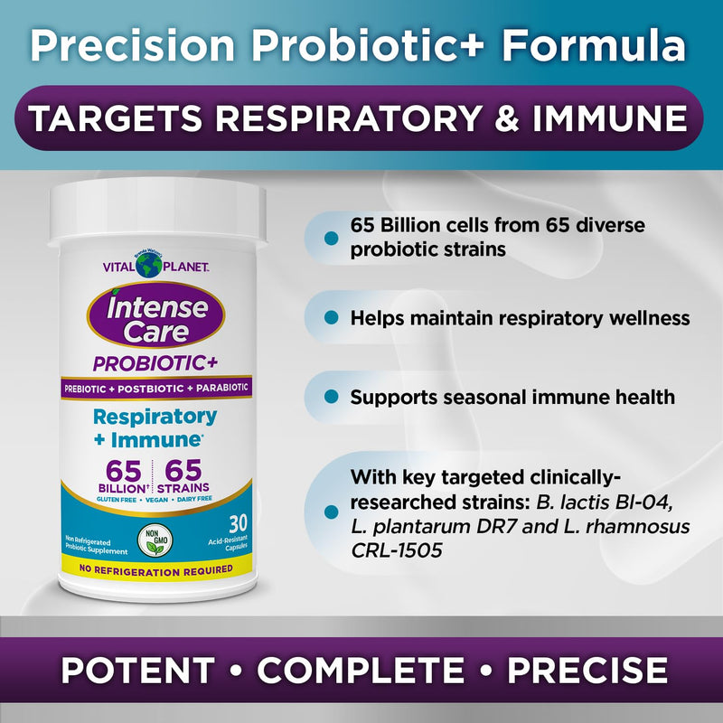 Vital Planet - Intense Care Respiratory and Immune Probiotic Lung Support Supplement with Organic Prebiotics, Postbiotics, and Parabiotics, Lactobacillus Rhamnosus, 65 Billion CFU, 65 Strains, 30 Ct