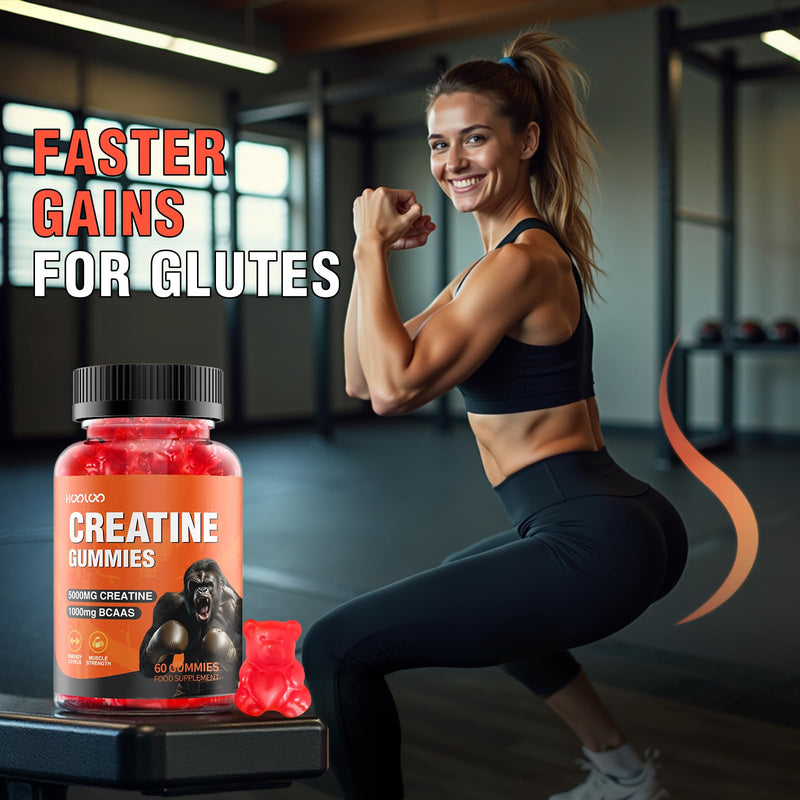 Creatine Gummies 5000mg Creatine Monohydrate with 1000mg BCAAs (1 Month Supply) for Men & Women, Vegan & Sugar-Free, Easy Pre/Post Workout Gym Support for Performance and Muscle Power, 60 Count