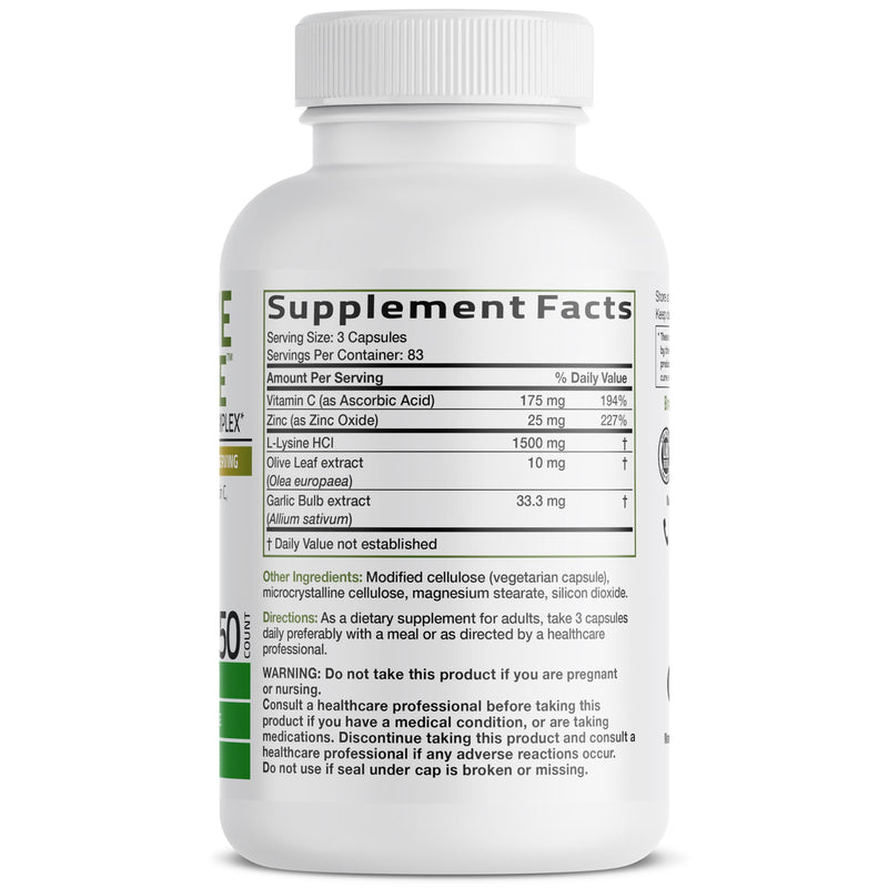 Bronson L-Lysine Defense Immune Support Complex, 1500 mg, 250 Capsules | Essential Amino Acid with Olive Leaf, Garlic, Vitamin C & Zinc, Vegetarian, Non-GMO, Gluten-Free & Soy-Free 250 Count (Pack of 1)