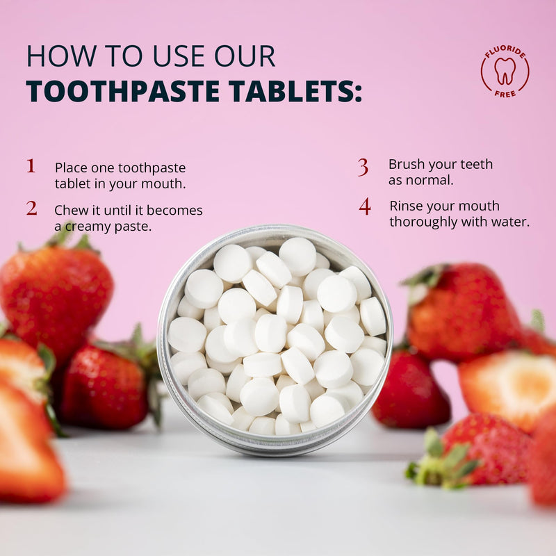 [Australia] - J&L Naturals Toothpaste Tablets | 62-Pack Travel-Friendly Toothpaste | Fluoride + Plastic Free, Vegan, Cruelty Free, Sustainable | Woman-Owned Small Business (Strawberry, 62 Count (Pack of 1)) Strawberry 62 Count (Pack of 1) 