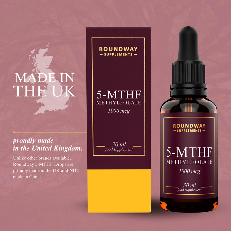 Methylfolate Folic Acid 1000mcg Drops as 5-Methyltetrahydrofolate | 5-MTHF Vitamin B9 Supplement for Pregnancy | 30ml, 60 Servings, 2 Month Supply | Made in The UK by Roundway Supplements