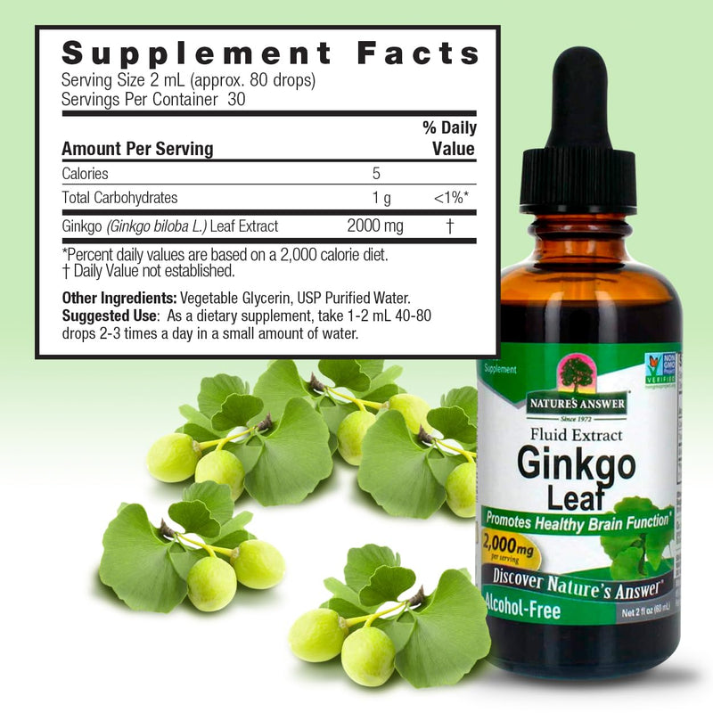 [Australia] - Nature's Answer Alcohol-Free Ginkgo Leaf 2000mg 2oz Extract | Stimulates Memory, Mood & Concentration | Gluten-Free, Kosher Certified & No Preservatives | Single Count 2 Fl Oz (Pack of 1) 