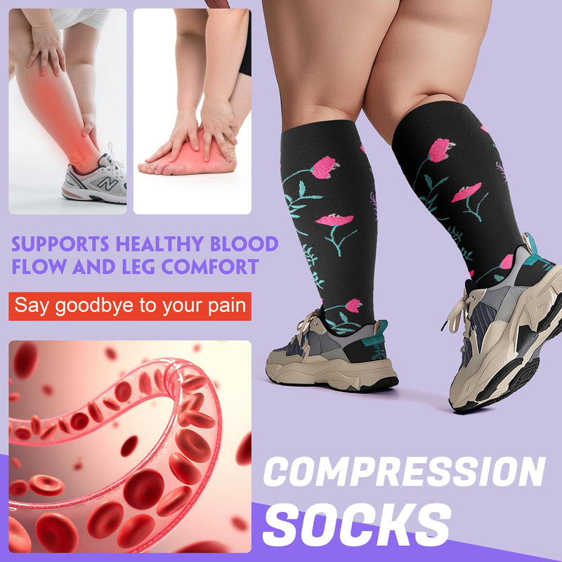 [Australia] - 4 Pairs Plus Size Compression Socks,Extra Wide Calf 20-30 mmHg Knee High Compression Socks for Men Women Circulation XX-Large B-pink 