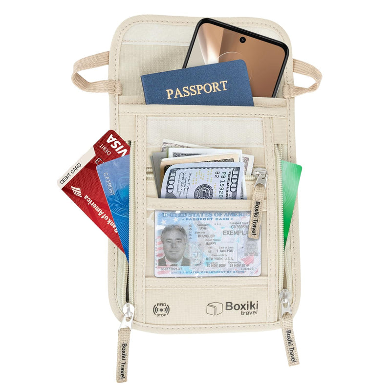 "RFID Travel Set: Blocking Sleeves for Identity Theft Prevention, Passport Covers, and Beige Neck Wallet with Adjustable Strap - Secure Storage for Cash, Credit Cards, and Travel Documents