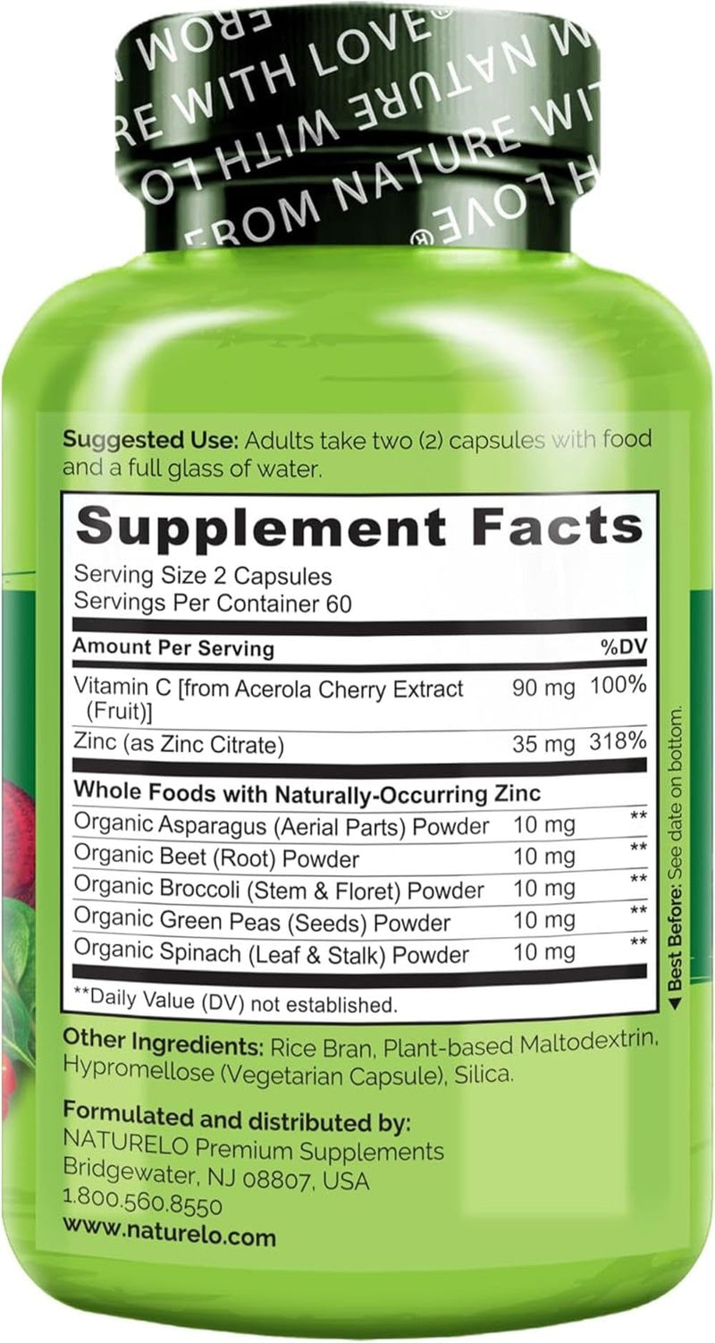 NATURELO Vegan Zinc Immune Support Capsules - Whole Food Complex with Vitamin C for Healthy Skin, Hair, and Nails - 120 Capsules
