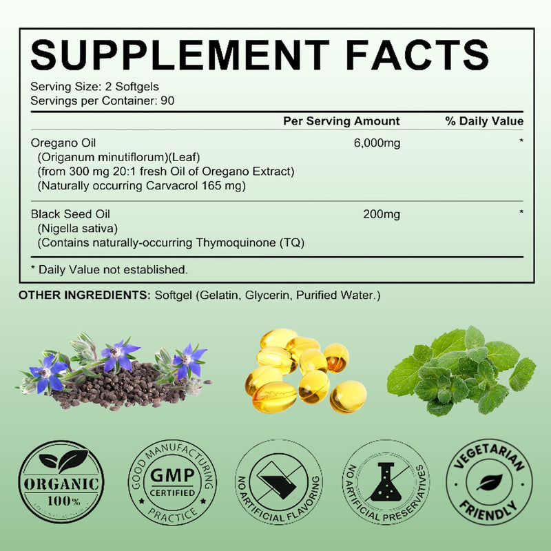 [Australia] - Oil of Oregano Softgels,2 in 1 6000 mg Oil of Oregano with Black Seed Oil Organic Capsules, Potent Carvacrol & Thymoquinone, Immune Support,Gluten Free,Non-GMO-180count 