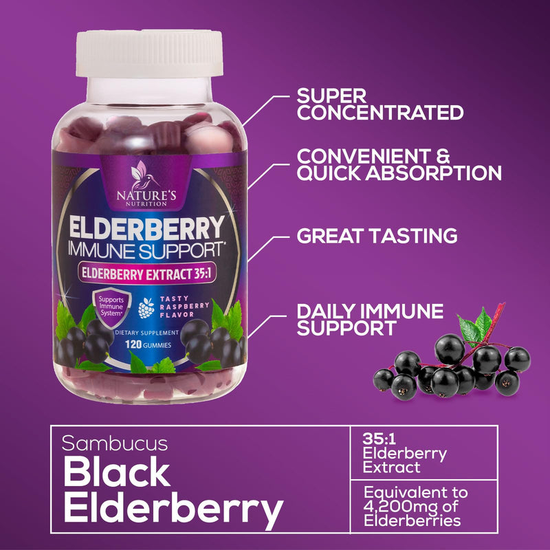 [Australia] - Nature’s Sambucus Elderberry Gummies, Immune Support for Kids and Adults, Super Concentrated 35:1 Extract, Equivalent to 4200mg of Elderberries - Black Elderberry Vitamin Supplement - 120 Gummies 120 Count (Pack of 1) 