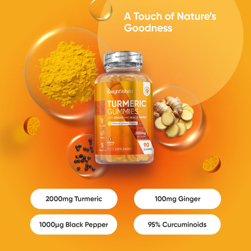 Turmeric Gummies with Black Pepper & Ginger 2100mg | 90 Vegan Gummies | Natural Lemon Flavour | 3 Months Supply | Non-GMO & Gluten Free | 3-in-1 Turmeric Supplement for Men & Women