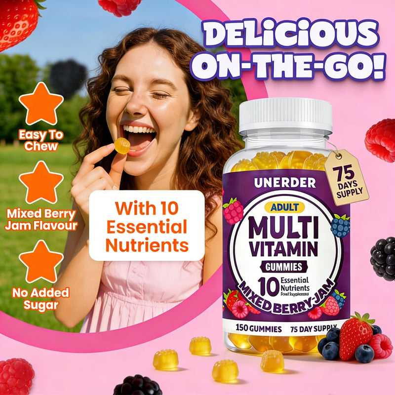 Multivitamin Gummies for Adults, Chewable Multivitamins for Men & Women, with Vitamin C, B6, B12, etc, Essential Vitamin Complex, Immune Defense and Energy Enhancement, 150 Gummies, 2.5 Month Supply.