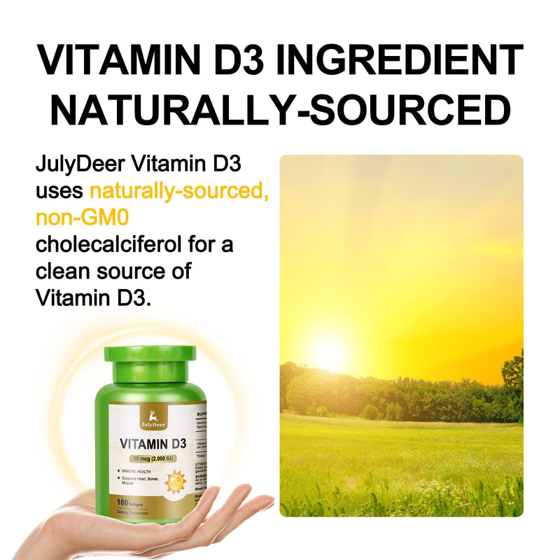 JulyDeer Vitamin D3 2000 IU (50 mcg) 360 Softgels | Supports Immune, Calcium Absorption & Bone Strength | Essential for Healthy Bones, No-Gluten, VD Daily Supplements Health 360 Count (Pack of 2)
