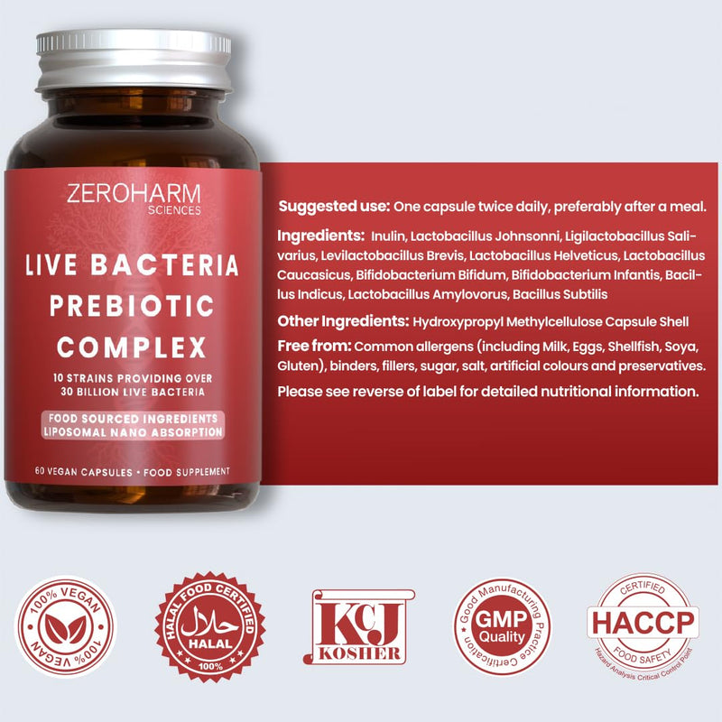 ZeroHarm Prebiotic & Live Bacteria Complex – 30 Billion CFU with 10 Strains – Gut, Digestion & Microbiome Support – Liposomal Absorption – Powered by Real Food Ingredients – 60 Vegan Capsules