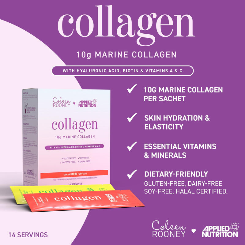 Applied Nutrition - Coleen Rooney - Marine Collagen - Anti-Aging Formula - Best Skin Rejuvenation - Best Joint Support - Radiant Complexion - (14 Sachets - 12.5g Each) (Strawberry) Strawberry