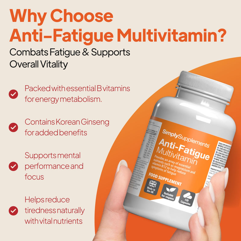 Anti-Fatigue Support Supplement | Reduces Tiredness & Fatigue | with Vitamins & Minerals for Energy | Vegan & Vegetarian-Friendly | 120 Capsules = 2 Months’ Supply | Made in The UK Unflavoured 120 count (Pack of 1)