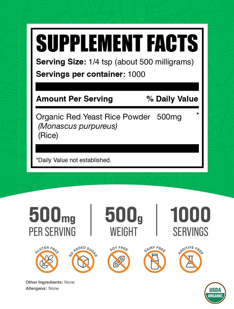 [Australia] - BulkSupplements.com Organic Red Yeast Rice Powder - Organic Red Yeast Rice Supplement, for Heart Health Support - Vegan Friendly, 500mg per Serving, 500g (1.1 lbs) (Pack of 1) 17.6 Ounce (Pack of 1) 