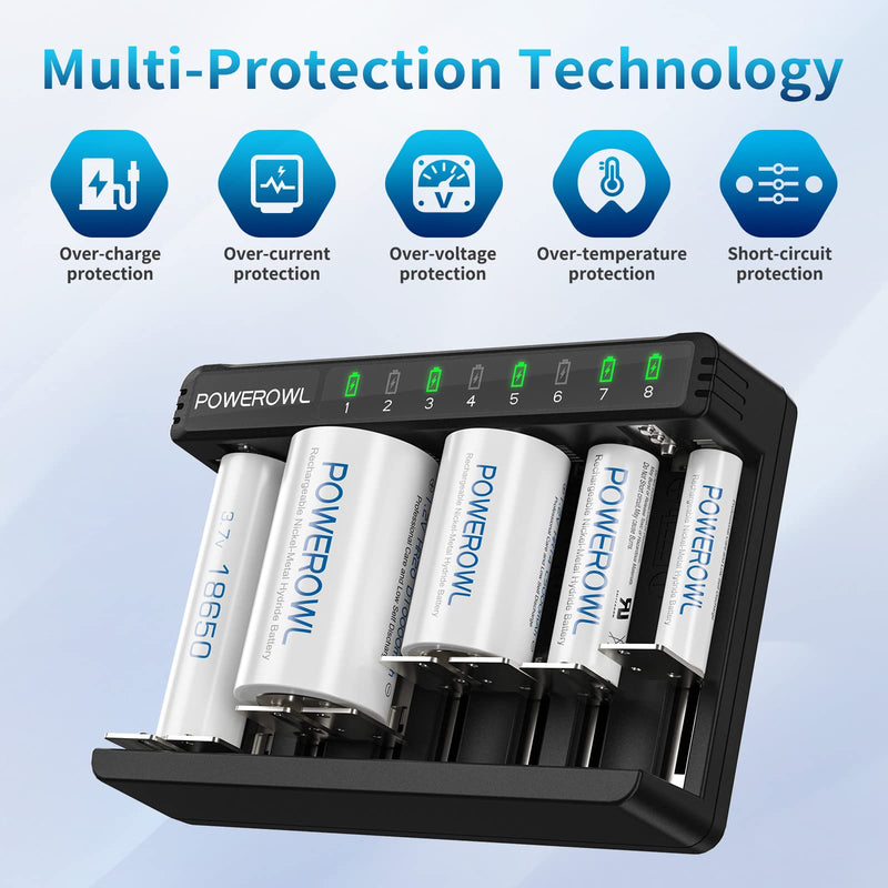 [Australia] - POWEROWL 8 Bay AA AAA C D Battery Charger, USB High-Speed Charging, Independent Slot, for Ni-MH Ni-CD Rechargeable Batteries… 