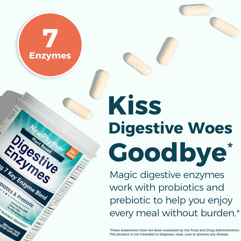 [Australia] - NewRhythm Digestive Enzymes 245 mg, with Probiotics and Prebiotics, Plant Based, 7 Key Enzymes, Digestion, Nutrient Absorption, Protease Amylase & Lipase, 60 Vegan Capsules 