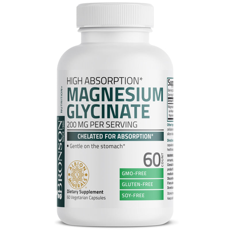 [Australia] - Bronson Magnesium Glycinate 200 MG per Serving Chelated for High Absorption, Gentle On Stomach, Non-GMO, 60 Vegetarian Capsules 60 Count (Pack of 1) 
