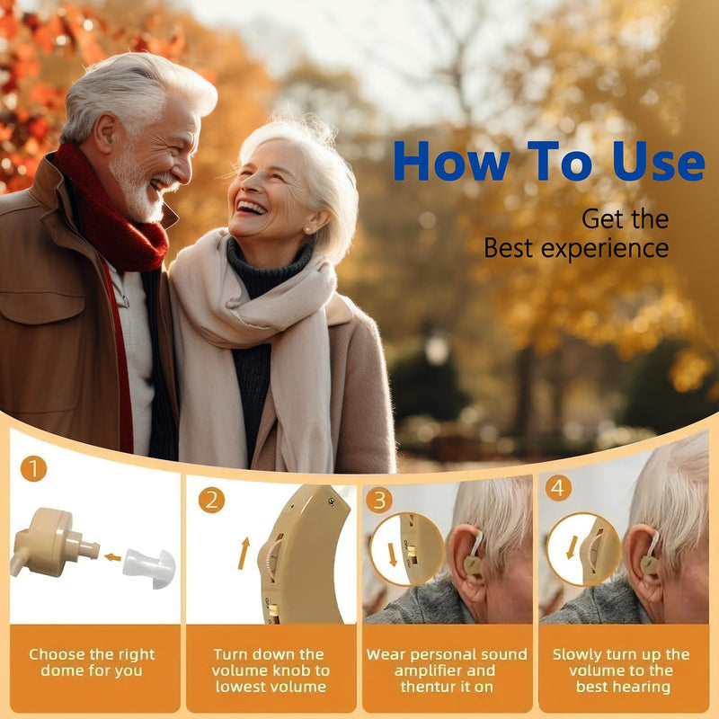 Hearing Amplifier for Seniors & Adults (Pair), Behind-the-Ear Personal Hearing Support Device with 6 Volume Levels, Noise Reduction for Clear Conversations, 6 Domes, Battery Powered, Case Beige 2-Pack Behind-the-Ear Battery