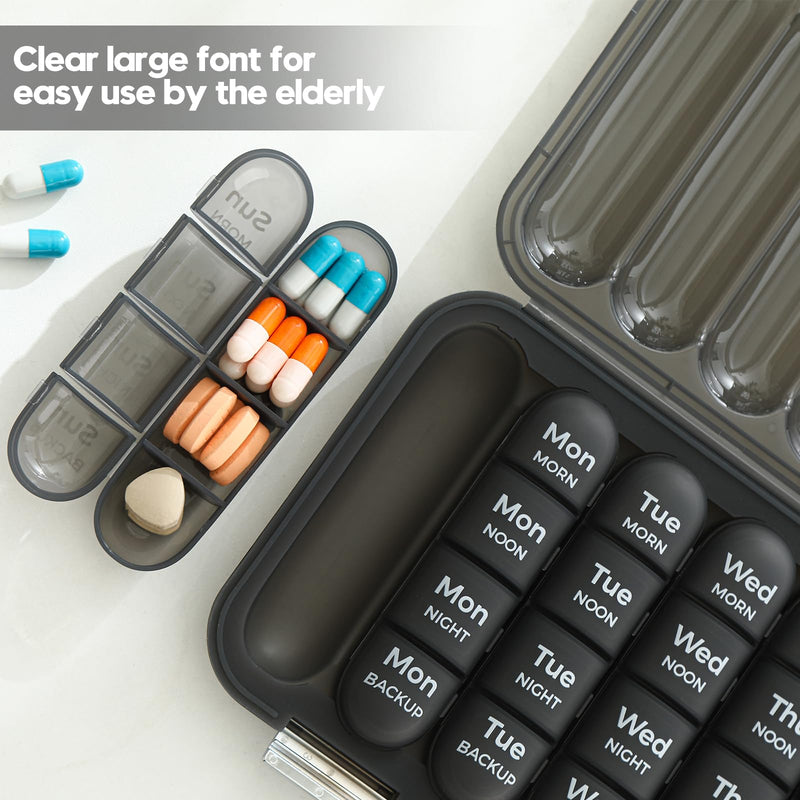 Pill Organizer 3 Times a Day - Pill Box 7 Day, Large Weekly Medicine Pill Organizer for Travel with Removable Individual Containers, Ideal for Vitamins, Supplements, Medicine (Black, 21 Slot) Black 21 Count (Pack of 1)