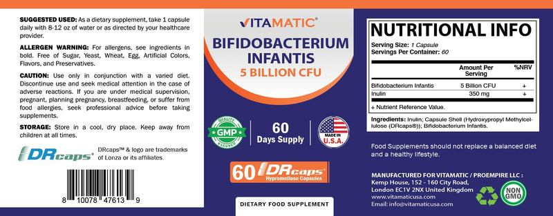 Vitamatic Bifidobacterium Infantis - 5 Billion per DR Capsule - 60 Count - Digestive Support - Made with Prebiotic Inulin Fiber